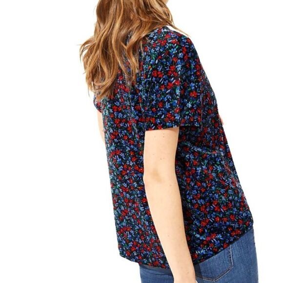 LOFT FLORAL V NECK SHORT SLEEVE LUX VELVET TOP SMALL COTTAGECORE BOHO - Picture 2 of 12